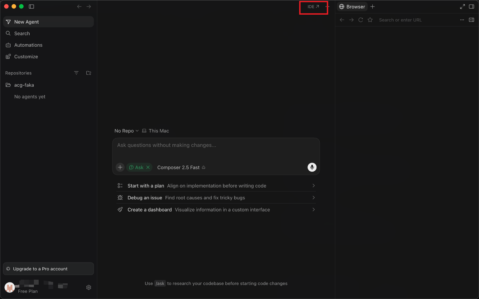 Cursor Agent 首页，红框标出右上角 IDE 按钮